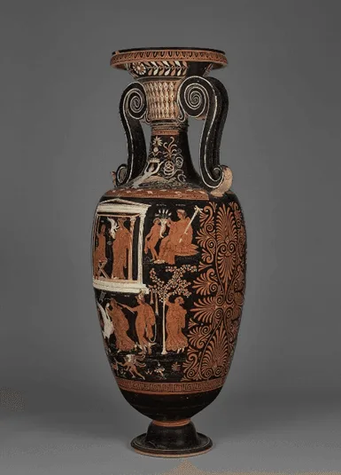 Figura 3. Lutróforo datado en Apulia, Italia, ca. 330 a.C., que representa la escena de Leda y el Cisne. Colección Getty Villa. Fuente. Licencia: Dominio Público