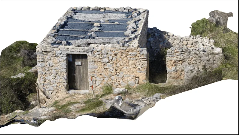 Figura 2. Fotogrametría y modelo 3D resultante de una de las casetas analizadas, en este caso ca na Paies (Mascaró Massanet, 2023a). Licencia: Bàrbara Mascaró Massanet.