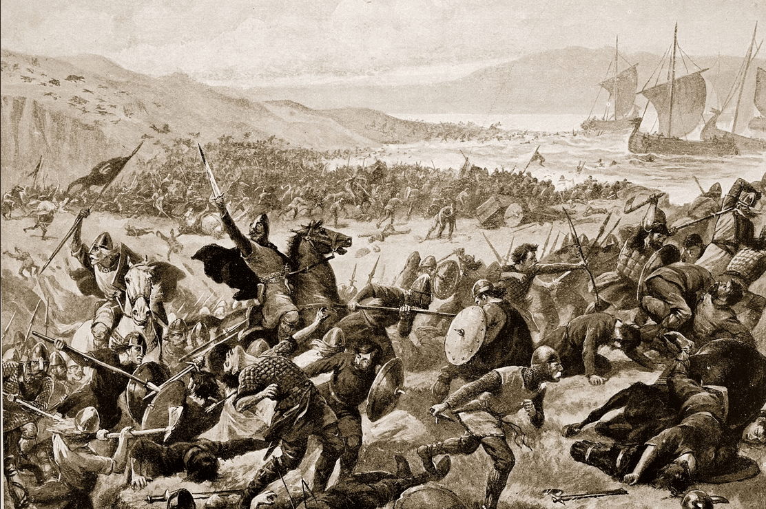 La Batalla de Brunanburh fue un momento crucial en la formación de la unidad del Reino de Inglaterra. Ilustración ligeramente anacrónica pero muy dramática de Alfred Pearse, 1923. (vía National Geographic)
