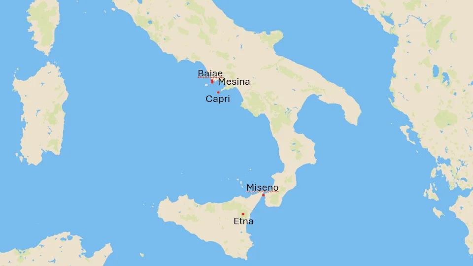 Figura 2. Mapa con los principales lugares asociados a Odiseo en Italia y Sicilia. Elaboración propia.