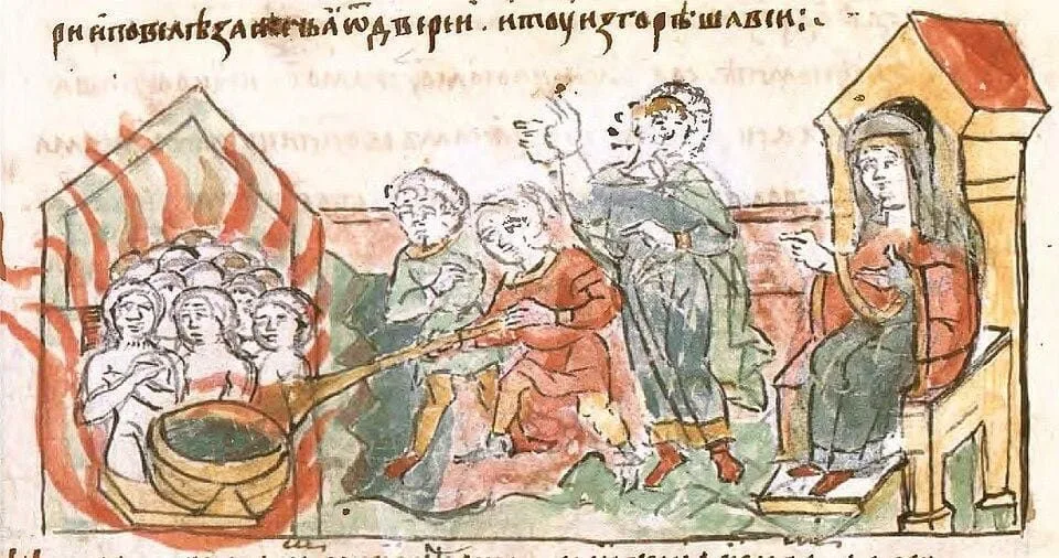 Figura 1. Olga ordenando quemar a los enviados drevliano. Dominio Público. Fuente.