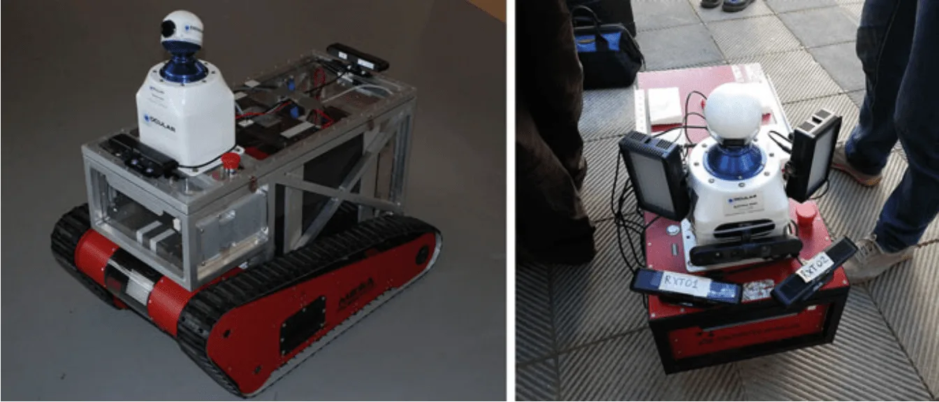 Figura 2. Diseño del robot ROVINA, mostrado aquí con un escáner láser y un conjunto de sensores 3D (ASUS Xtion) para la navegación autónoma. Fuente. Licencia: © 2016 proyecto ROVINA (EC FP7). Imagen reproducida con autorización expresa de Luc Van Gool.