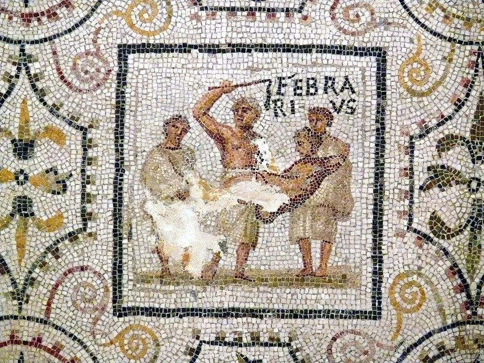 Figura 1. Mosaico con la personificación de Febrero, s. III, El Djem. Licencia: Ad Meskens/Wikimedia Commons. Creative Commons Atribución-CompartirIgual (CC BY-SA). Fuente.