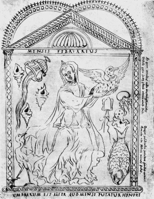 Figura 3. Personificación de Mensis Februarius en el Cronógrafo del 354 de Filócalo, s. IV. Licencia: Dominio Público. Fuente.