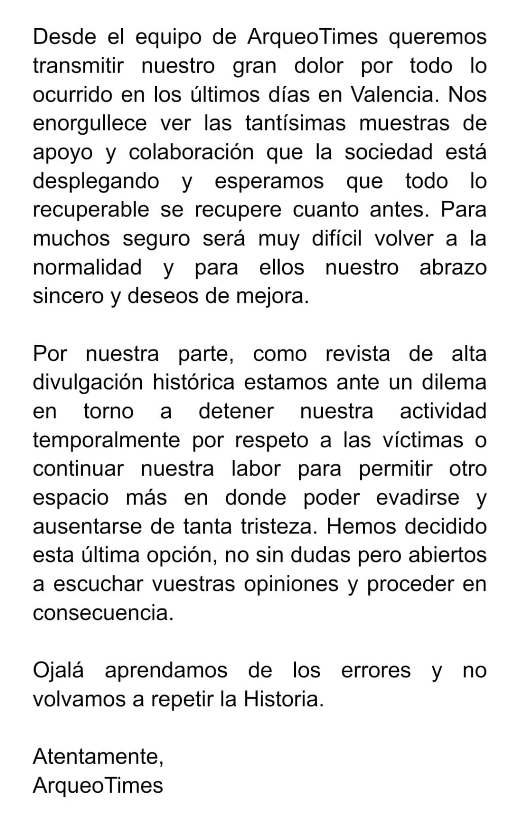 Comunicado de ArqueoTimes ante la DANA de Valencia